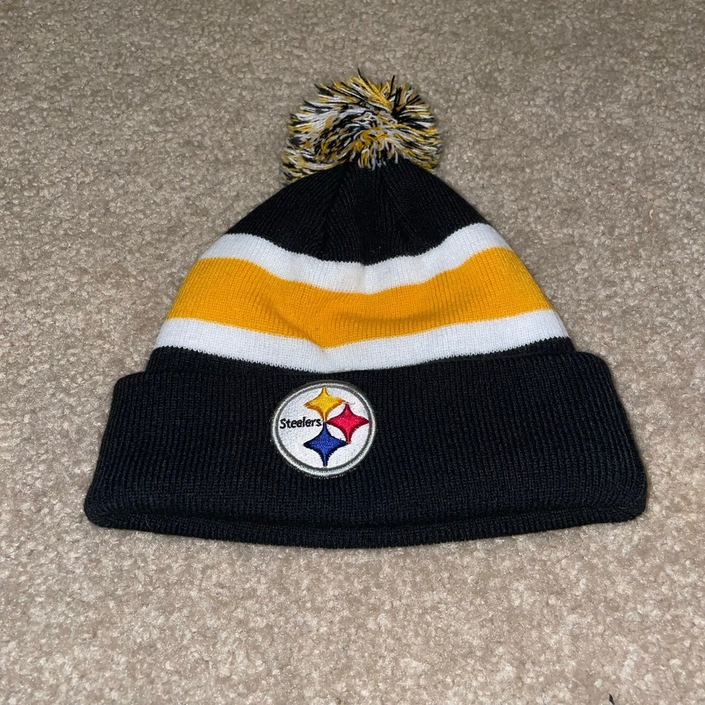 NFL Team Apparel Pittsburgh Steelers Knit Beanie Hat Pom Pom Black Gold OSFA